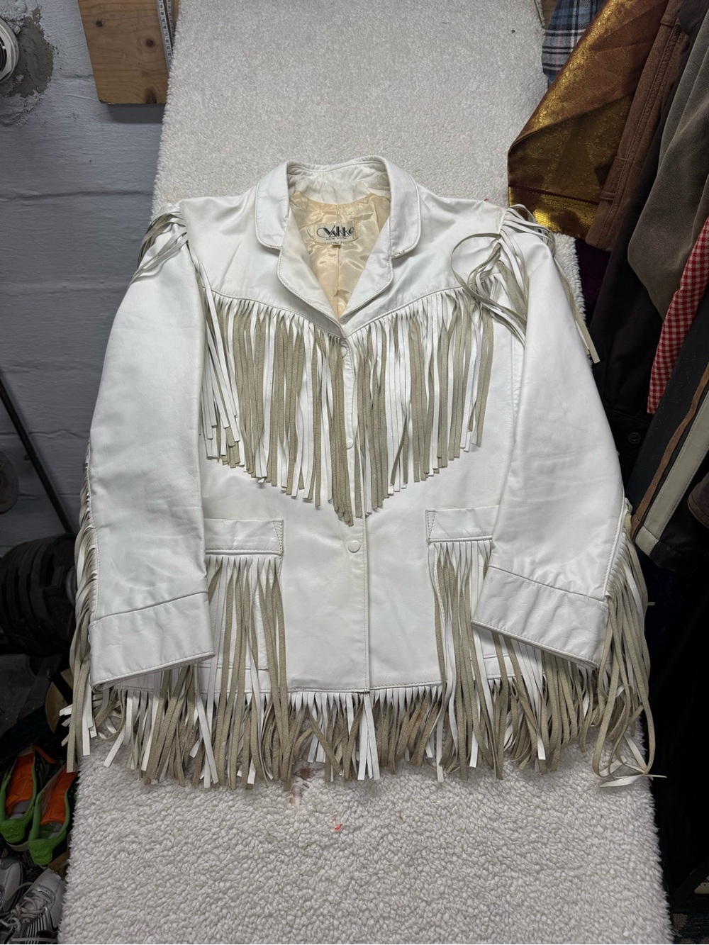 Vintage Vakko New York White Fringe Leather Jacket size 13/14
